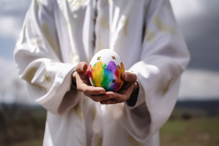 Hands of a Muslim man holding a colored easter egg.の写真素材