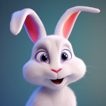 Portrait of a white rabbit with purple eyes on a blue gray plain backgroundの写真素材