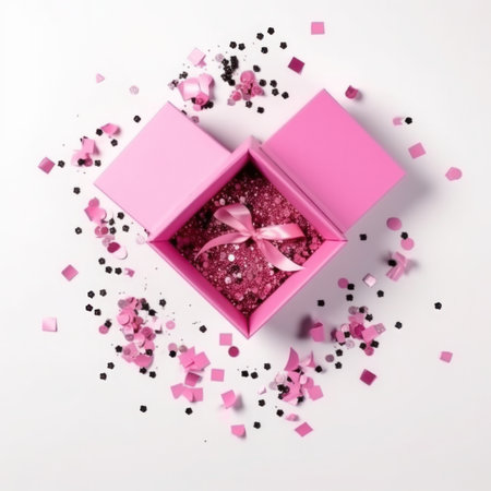 Pink gift box with confetti on white background. Flat lay, top viewの写真素材
