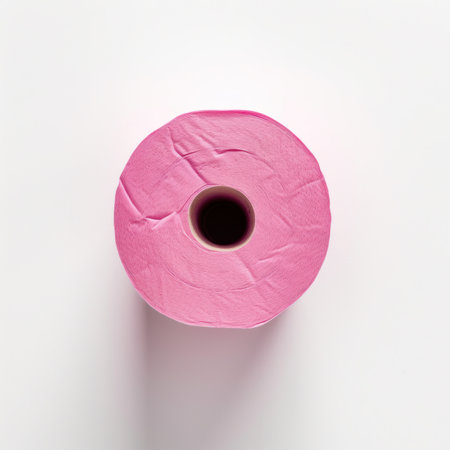Pink toilet paper roll on white background. Flat lay, top view.の写真素材