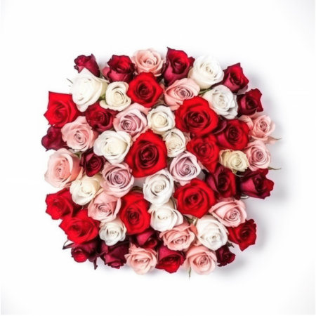 Red and white roses arranged in a heart shape on a white backgroundの写真素材