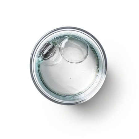 Glass of water isolated on white background. Top view, flat layの写真素材