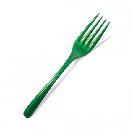 Green plastic fork isolated on white background. 3d illustration. Top view.の写真素材