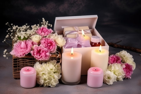 Beautiful spa composition with candles and flowers on a dark background.の写真素材