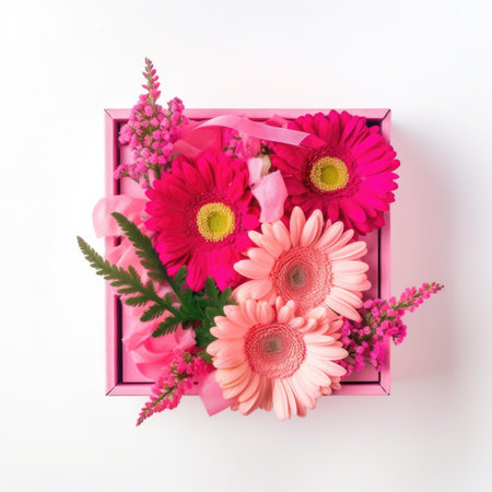 Bouquet of pink gerbera flowers in a gift box on white backgroundの写真素材