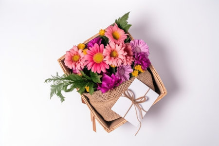 Bouquet of flowers in a wicker basket on a white backgroundの写真素材