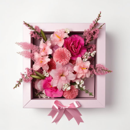 Flowers in a gift box on a white background, top viewの写真素材