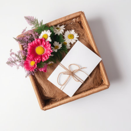 Gift box with a bouquet of flowers in a wicker basketの写真素材