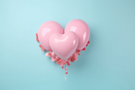 Pink heart shaped balloons on pastel blue background. Flat lay, top viewの写真素材