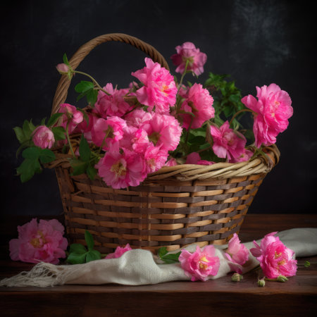 Bouquet of pink roses in a wicker basket on a dark backgroundの写真素材