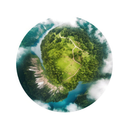 Aerial view of green planet with road and forest in the middleの写真素材