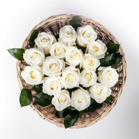 White roses in a basket isolated on white background. Top view.の写真素材