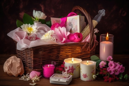 wicker basket with flowers, candles and envelopes on dark backgroundの写真素材