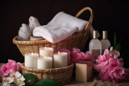 Spa still life with towels, candles and flowers on black backgroundの写真素材
