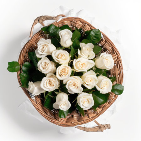 Basket with white roses on a white background. Top view.の写真素材