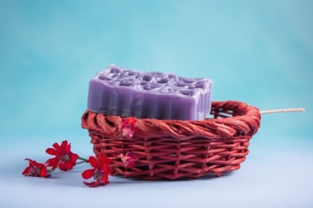 handmade soap in a wicker basket on a blue background.の写真素材
