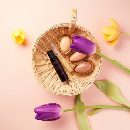 Top view of cosmetic products and tulips in basket on pink backgroundの写真素材