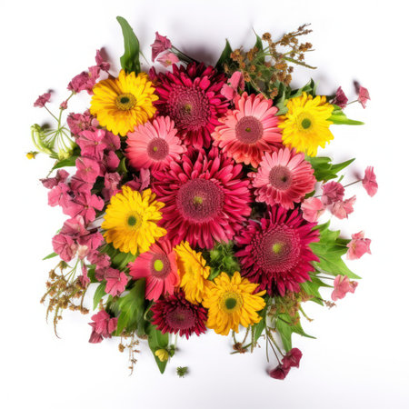 Bouquet of colorful flowers isolated on white background. Top view.の写真素材