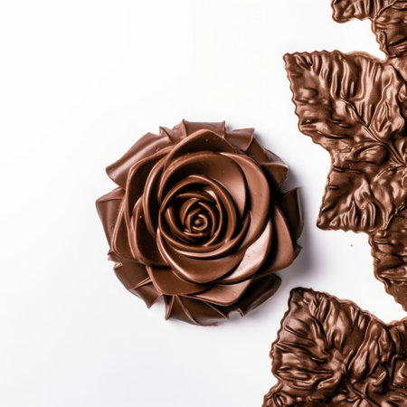 Chocolate rose on white background. Top view, flat lay.の写真素材