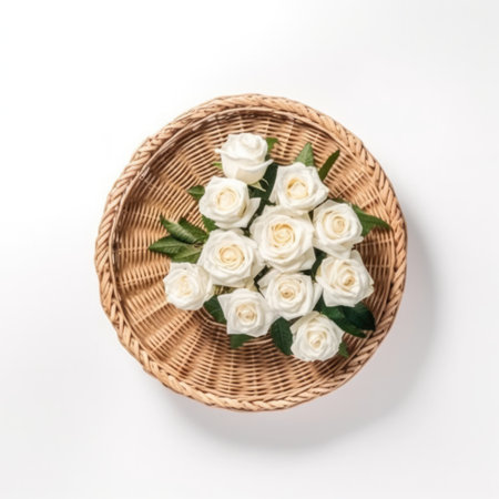 White roses in a basket on a white background. Flat lay, top view.の写真素材