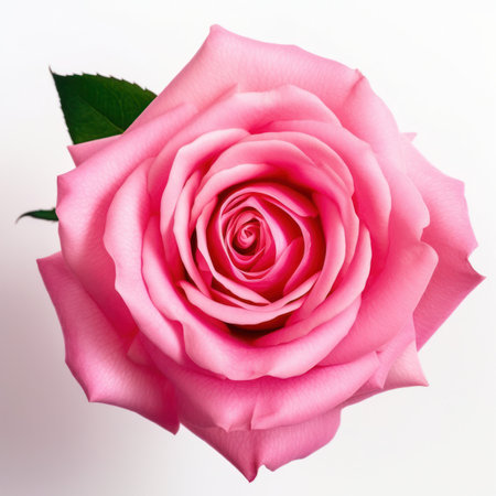 pink rose on white background, top view, close-upの写真素材
