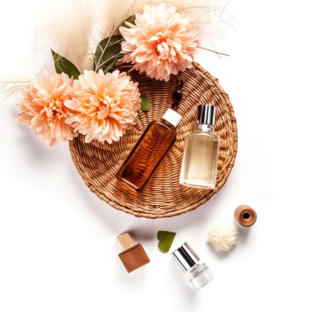 top view of bottle of perfume in wicker basket with flowers on white backgroundの写真素材