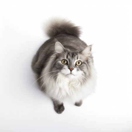 High angle view of a long haired siberian cat on white backgroundの写真素材