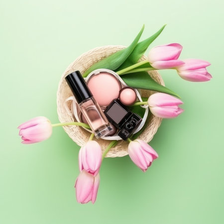 Flat lay composition with pink cosmetic products and tulips on green backgroundの写真素材