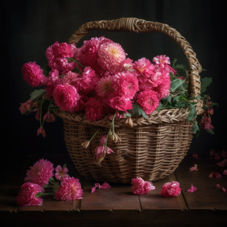 Bouquet of pink flowers in a wicker basket on a dark backgroundの写真素材