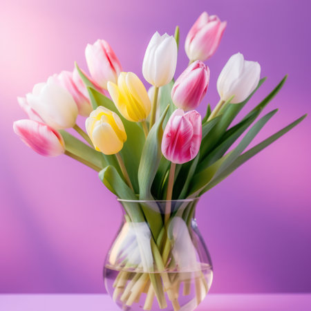 Bouquet of tulips in a vase on a pink backgroundの写真素材