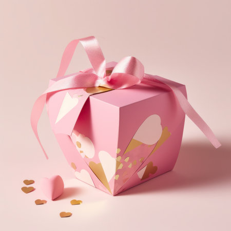 Pink gift box with pink ribbon and hearts on pastel pink backgroundの写真素材