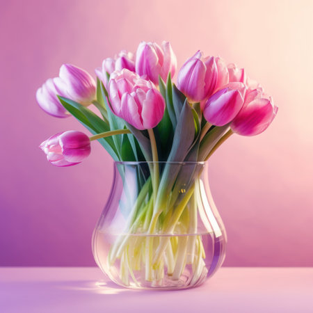 Bouquet of pink tulips in a vase on a light backgroundの写真素材