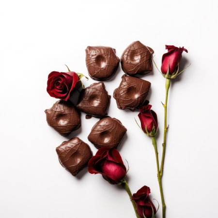 Chocolate hearts with red roses on white background. valentines day conceptの写真素材