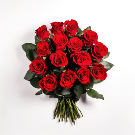 Bouquet of red roses on a white background, top viewの写真素材