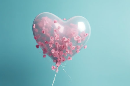 Heart shaped balloon with pink flowers on blue background. Valentine's day concept.の写真素材