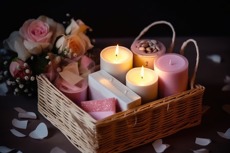 Wicker basket with burning candles and flowers on a dark background.の写真素材