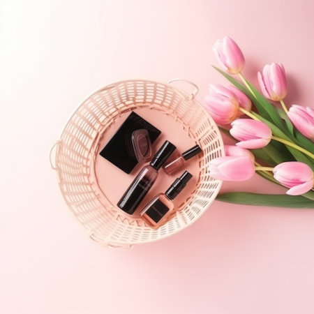 Women's cosmetics on a pink background. Flat lay, top view.の写真素材