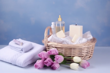Spa still life with tulips, towels, soap and candlesの写真素材