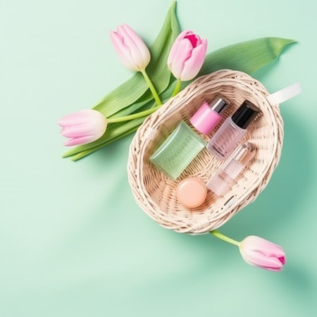 Flat lay composition with cosmetic products and tulips on color backgroundの写真素材