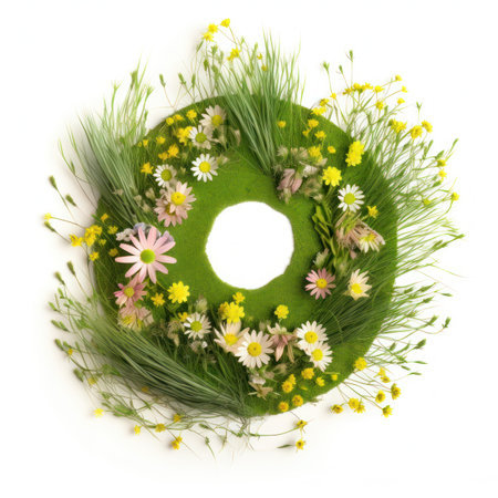 Wreath made of grass and flowers isolated on white background. Top view.の写真素材