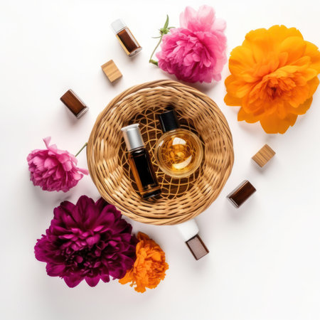 Cosmetic branding, make-up and skincare concept - Skin care serum bottle, moisturizing lotion and flowers on white background, organic cosmetics for luxury beauty brand, holiday flatlay designの写真素材