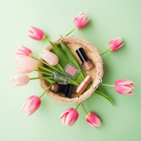 Nail polish bottles in basket with pink tulips on green backgroundの写真素材
