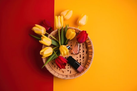 Top view of a basket with tulips and nail polish on a red and orange backgroundの写真素材