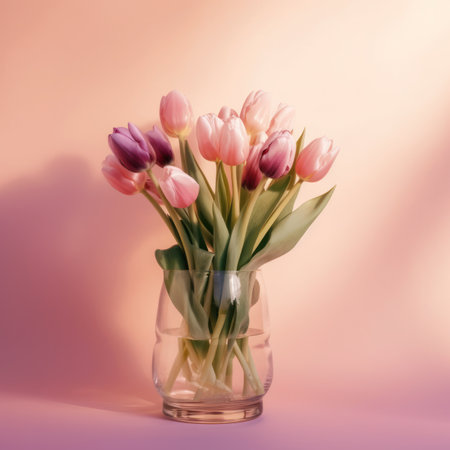 Tulips in a glass vase on a pink background.の写真素材