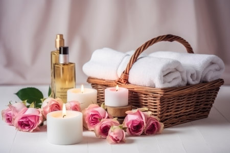 Spa still life with roses, candles and towels on white wooden backgroundの写真素材