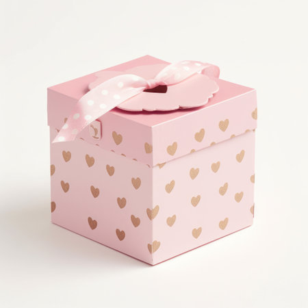 pink gift box with hearts on white background, valentine conceptの写真素材