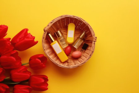 Basket of red tulips and cosmetic products on a yellow backgroundの写真素材