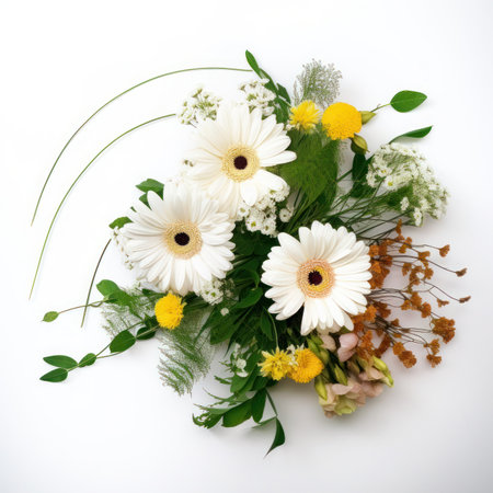 Bouquet of wildflowers on white background, top viewの写真素材