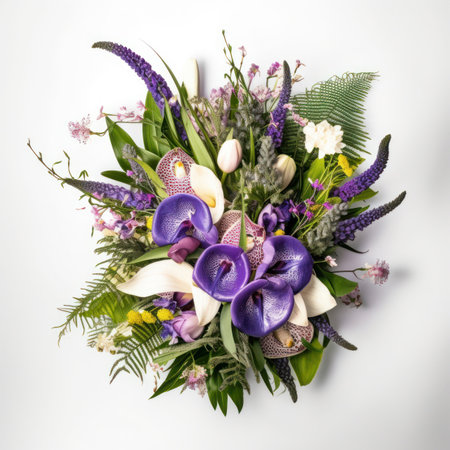 Bouquet of purple and white calla lilies on white backgroundの写真素材