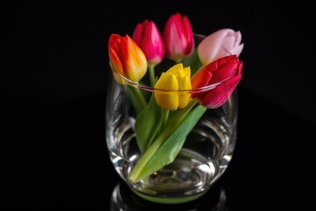 Colorful tulips in a glass vase on a black backgroundの写真素材